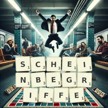 Kreative Illustration für ein Scrabble-Spiel, bei dem das Wort SCHEINBEGRIFFE mit Steinen auf dem Brett gelegt wurde.