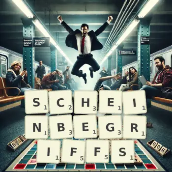 Kreative Illustration für ein Scrabble-Spiel, bei dem das Wort SCHEINBEGRIFFS mit Steinen auf dem Brett gelegt wurde.