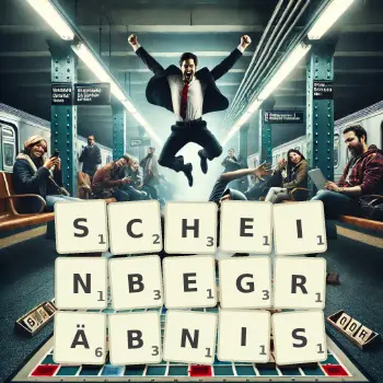 Kreative Illustration für ein Scrabble-Spiel, bei dem das Wort SCHEINBEGRÄBNIS mit Steinen auf dem Brett gelegt wurde.