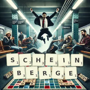 Kreative Illustration für ein Scrabble-Spiel, bei dem das Wort SCHEINBERGE mit Steinen auf dem Brett gelegt wurde.