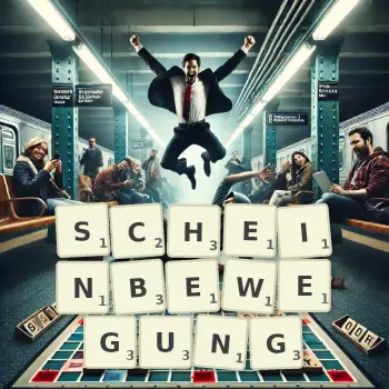 Kreative Illustration für ein Scrabble-Spiel, bei dem das Wort SCHEINBEWEGUNG mit Steinen auf dem Brett gelegt wurde.