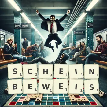 Kreative Illustration für ein Scrabble-Spiel, bei dem das Wort SCHEINBEWEIS mit Steinen auf dem Brett gelegt wurde.