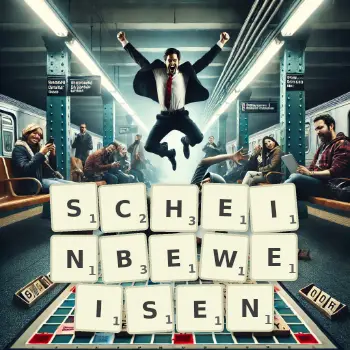 Kreative Illustration für ein Scrabble-Spiel, bei dem das Wort SCHEINBEWEISEN mit Steinen auf dem Brett gelegt wurde.