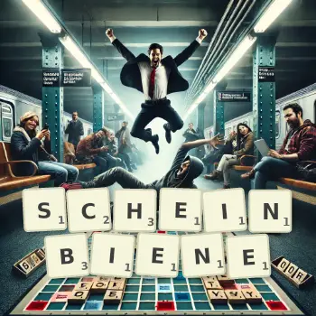 Kreative Illustration für ein Scrabble-Spiel, bei dem das Wort SCHEINBIENE mit Steinen auf dem Brett gelegt wurde.