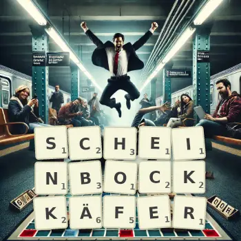 Kreative Illustration für ein Scrabble-Spiel, bei dem das Wort SCHEINBOCKKÄFER mit Steinen auf dem Brett gelegt wurde.