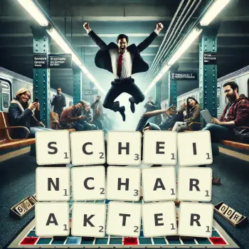 Kreative Illustration für ein Scrabble-Spiel, bei dem das Wort SCHEINCHARAKTER mit Steinen auf dem Brett gelegt wurde.