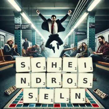 Kreative Illustration für ein Scrabble-Spiel, bei dem das Wort SCHEINDROSSELN mit Steinen auf dem Brett gelegt wurde.