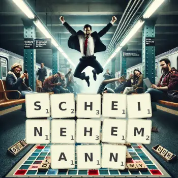 Kreative Illustration für ein Scrabble-Spiel, bei dem das Wort SCHEINEHEMANN mit Steinen auf dem Brett gelegt wurde.