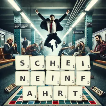 Kreative Illustration für ein Scrabble-Spiel, bei dem das Wort SCHEINEINFAHRT mit Steinen auf dem Brett gelegt wurde.