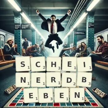 Kreative Illustration für ein Scrabble-Spiel, bei dem das Wort SCHEINERDBEBEN mit Steinen auf dem Brett gelegt wurde.