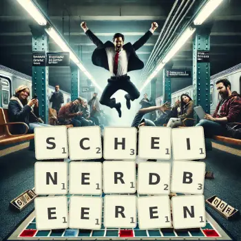 Kreative Illustration für ein Scrabble-Spiel, bei dem das Wort SCHEINERDBEEREN mit Steinen auf dem Brett gelegt wurde.