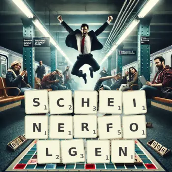 Kreative Illustration für ein Scrabble-Spiel, bei dem das Wort SCHEINERFOLGEN mit Steinen auf dem Brett gelegt wurde.