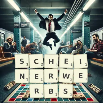 Kreative Illustration für ein Scrabble-Spiel, bei dem das Wort SCHEINERWERBS mit Steinen auf dem Brett gelegt wurde.