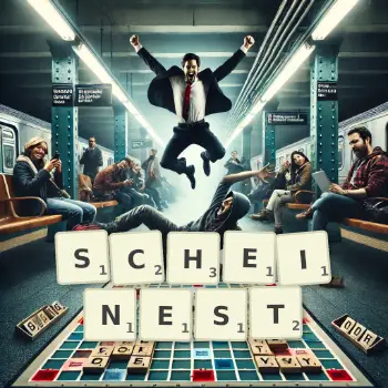 Kreative Illustration für ein Scrabble-Spiel, bei dem das Wort SCHEINEST mit Steinen auf dem Brett gelegt wurde.