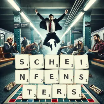 Kreative Illustration für ein Scrabble-Spiel, bei dem das Wort SCHEINFENSTERS mit Steinen auf dem Brett gelegt wurde.
