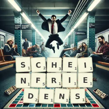 Kreative Illustration für ein Scrabble-Spiel, bei dem das Wort SCHEINFRIEDENS mit Steinen auf dem Brett gelegt wurde.
