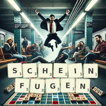 Kreative Illustration für ein Scrabble-Spiel, bei dem das Wort SCHEINFUGEN mit Steinen auf dem Brett gelegt wurde.