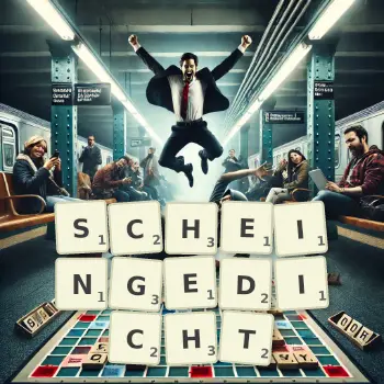 Kreative Illustration für ein Scrabble-Spiel, bei dem das Wort SCHEINGEDICHT mit Steinen auf dem Brett gelegt wurde.