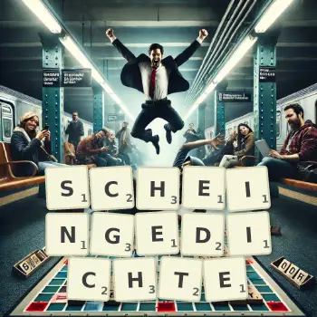 Kreative Illustration für ein Scrabble-Spiel, bei dem das Wort SCHEINGEDICHTE mit Steinen auf dem Brett gelegt wurde.