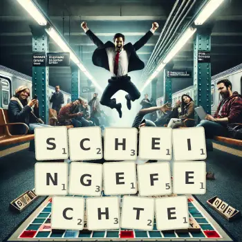 Kreative Illustration für ein Scrabble-Spiel, bei dem das Wort SCHEINGEFECHTE mit Steinen auf dem Brett gelegt wurde.