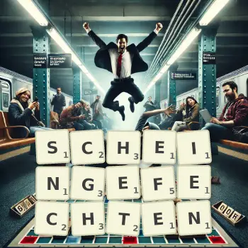 Kreative Illustration für ein Scrabble-Spiel, bei dem das Wort SCHEINGEFECHTEN mit Steinen auf dem Brett gelegt wurde.