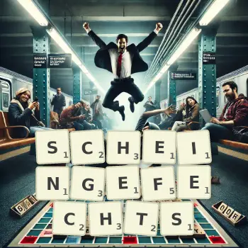 Kreative Illustration für ein Scrabble-Spiel, bei dem das Wort SCHEINGEFECHTS mit Steinen auf dem Brett gelegt wurde.