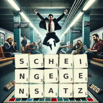 Kreative Illustration für ein Scrabble-Spiel, bei dem das Wort SCHEINGEGENSATZ mit Steinen auf dem Brett gelegt wurde.