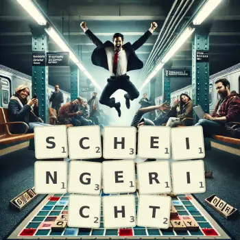 Kreative Illustration für ein Scrabble-Spiel, bei dem das Wort SCHEINGERICHT mit Steinen auf dem Brett gelegt wurde.