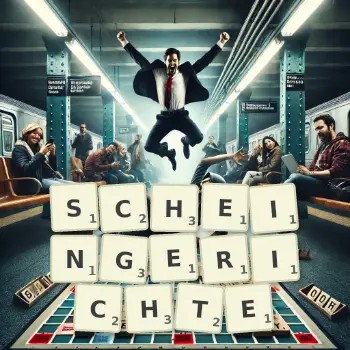 Kreative Illustration für ein Scrabble-Spiel, bei dem das Wort SCHEINGERICHTE mit Steinen auf dem Brett gelegt wurde.