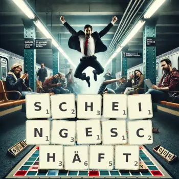 Kreative Illustration für ein Scrabble-Spiel, bei dem das Wort SCHEINGESCHÄFT mit Steinen auf dem Brett gelegt wurde.