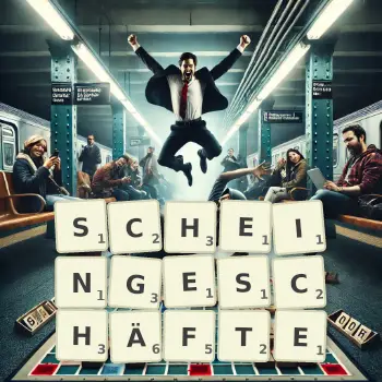 Kreative Illustration für ein Scrabble-Spiel, bei dem das Wort SCHEINGESCHÄFTE mit Steinen auf dem Brett gelegt wurde.