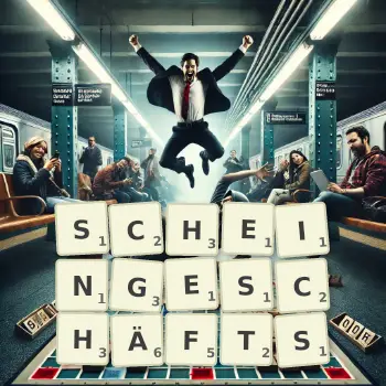 Kreative Illustration für ein Scrabble-Spiel, bei dem das Wort SCHEINGESCHÄFTS mit Steinen auf dem Brett gelegt wurde.