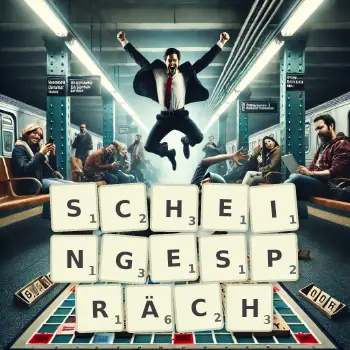 Kreative Illustration für ein Scrabble-Spiel, bei dem das Wort SCHEINGESPRÄCH mit Steinen auf dem Brett gelegt wurde.