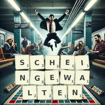 Kreative Illustration für ein Scrabble-Spiel, bei dem das Wort SCHEINGEWALTEN mit Steinen auf dem Brett gelegt wurde.