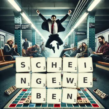 Kreative Illustration für ein Scrabble-Spiel, bei dem das Wort SCHEINGEWEBEN mit Steinen auf dem Brett gelegt wurde.