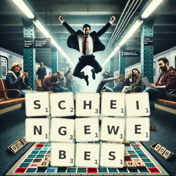 Kreative Illustration für ein Scrabble-Spiel, bei dem das Wort SCHEINGEWEBES mit Steinen auf dem Brett gelegt wurde.