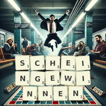 Kreative Illustration für ein Scrabble-Spiel, bei dem das Wort SCHEINGEWINNEN mit Steinen auf dem Brett gelegt wurde.