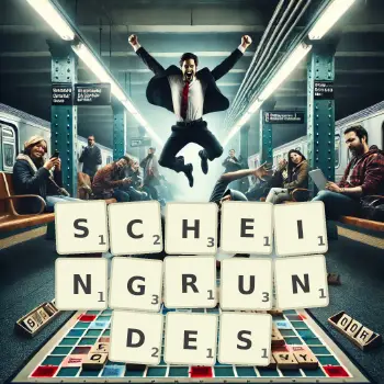 Kreative Illustration für ein Scrabble-Spiel, bei dem das Wort SCHEINGRUNDES mit Steinen auf dem Brett gelegt wurde.