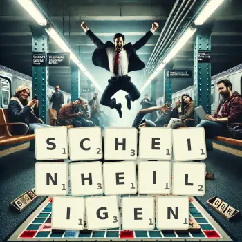 Kreative Illustration für ein Scrabble-Spiel, bei dem das Wort SCHEINHEILIGEN mit Steinen auf dem Brett gelegt wurde.
