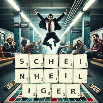 Kreative Illustration für ein Scrabble-Spiel, bei dem das Wort SCHEINHEILIGER mit Steinen auf dem Brett gelegt wurde.