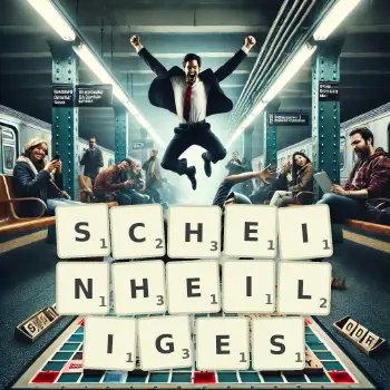 Kreative Illustration für ein Scrabble-Spiel, bei dem das Wort SCHEINHEILIGES mit Steinen auf dem Brett gelegt wurde.