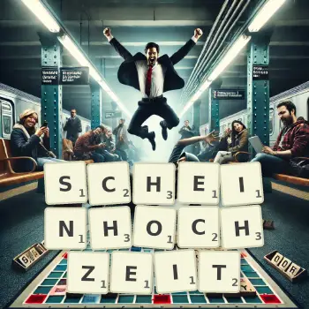 Kreative Illustration für ein Scrabble-Spiel, bei dem das Wort SCHEINHOCHZEIT mit Steinen auf dem Brett gelegt wurde.