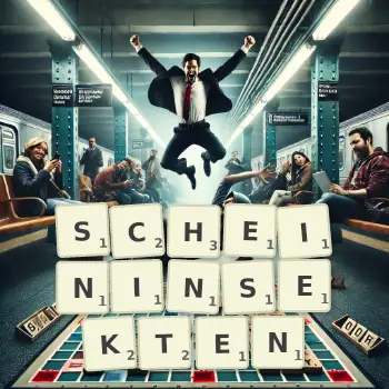 Kreative Illustration für ein Scrabble-Spiel, bei dem das Wort SCHEININSEKTEN mit Steinen auf dem Brett gelegt wurde.