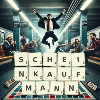 Kreative Illustration für ein Scrabble-Spiel, bei dem das Wort SCHEINKAUFMANN mit Steinen auf dem Brett gelegt wurde.