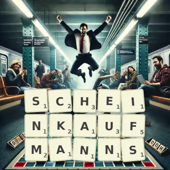 Kreative Illustration für ein Scrabble-Spiel, bei dem das Wort SCHEINKAUFMANNS mit Steinen auf dem Brett gelegt wurde.