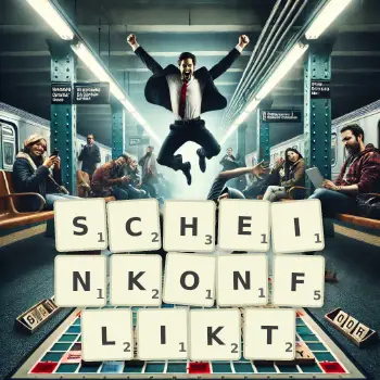 Kreative Illustration für ein Scrabble-Spiel, bei dem das Wort SCHEINKONFLIKT mit Steinen auf dem Brett gelegt wurde.