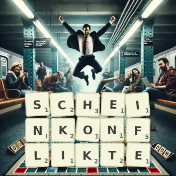Kreative Illustration für ein Scrabble-Spiel, bei dem das Wort SCHEINKONFLIKTE mit Steinen auf dem Brett gelegt wurde.