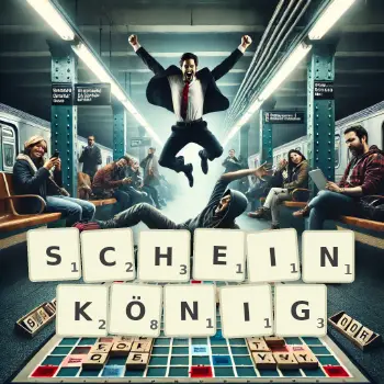 Kreative Illustration für ein Scrabble-Spiel, bei dem das Wort SCHEINKÖNIG mit Steinen auf dem Brett gelegt wurde.