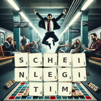 Kreative Illustration für ein Scrabble-Spiel, bei dem das Wort SCHEINLEGITIM mit Steinen auf dem Brett gelegt wurde.