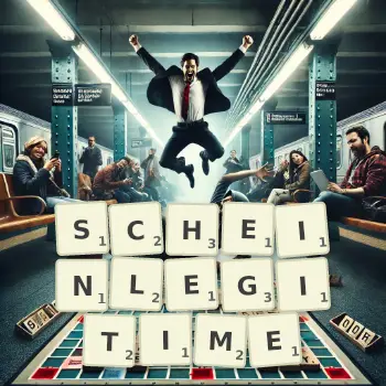 Kreative Illustration für ein Scrabble-Spiel, bei dem das Wort SCHEINLEGITIME mit Steinen auf dem Brett gelegt wurde.